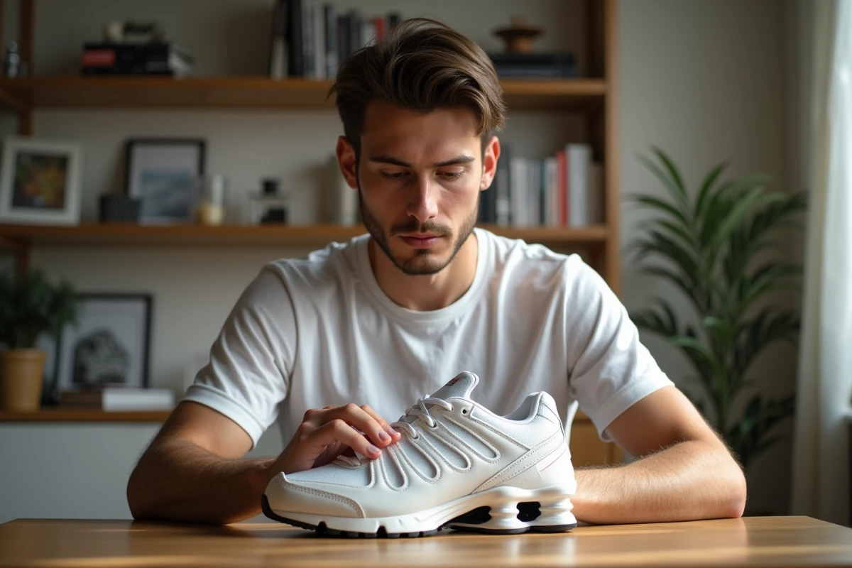 Jeune homme examine sneakers Shox Supreme en intérieur