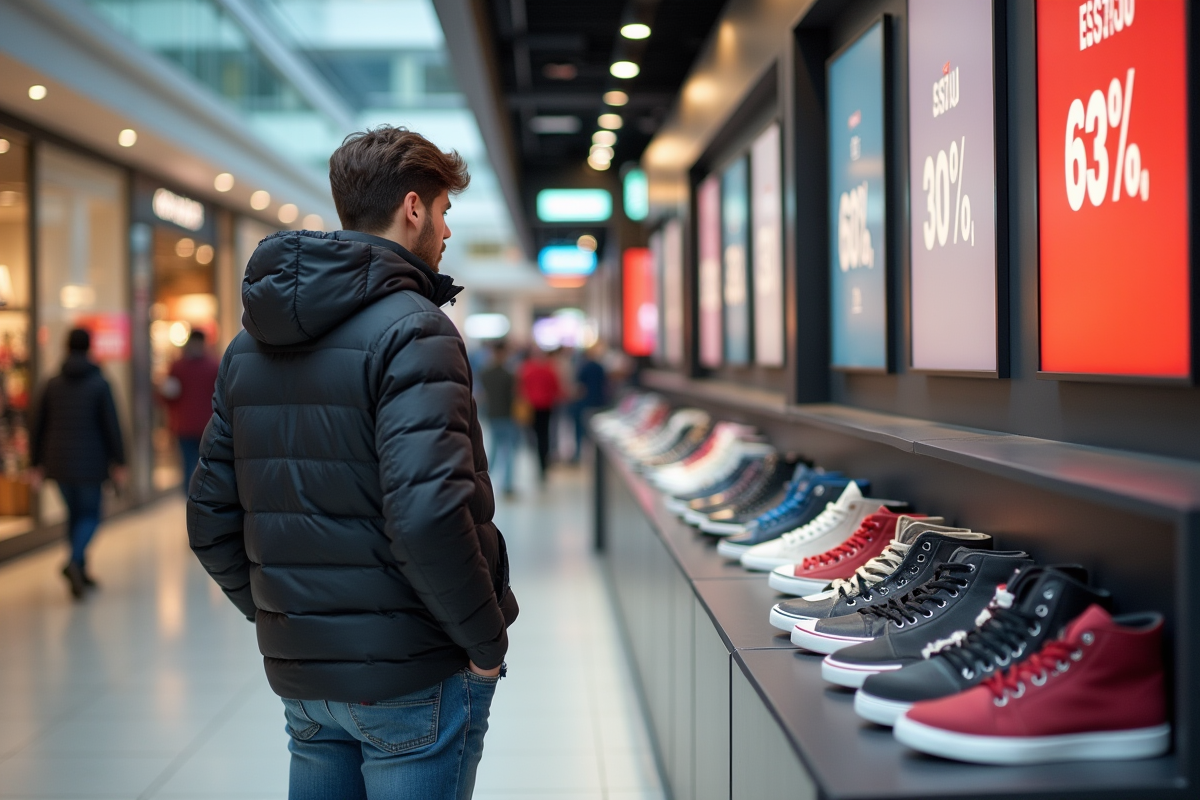 Jeune homme examinant des sneakers en solde