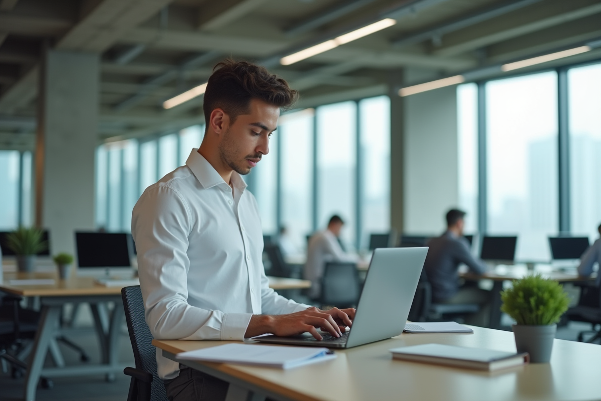 Jeune homme au travail dans un bureau ouvert