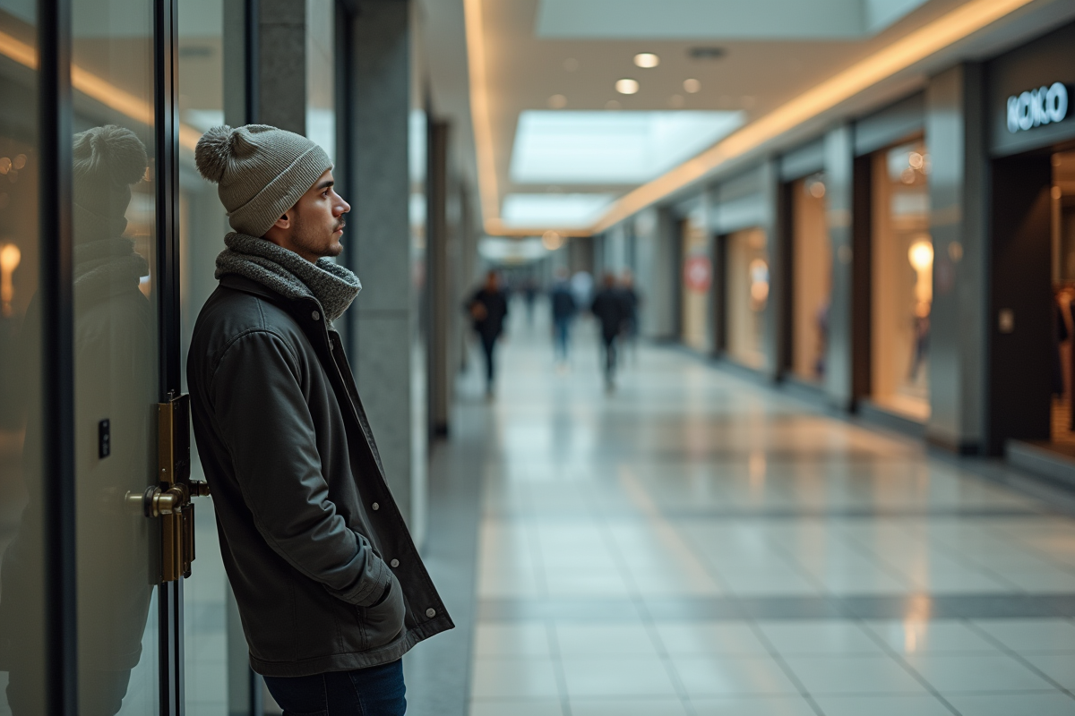 Jeune homme regardant à travers porte de magasin fermé