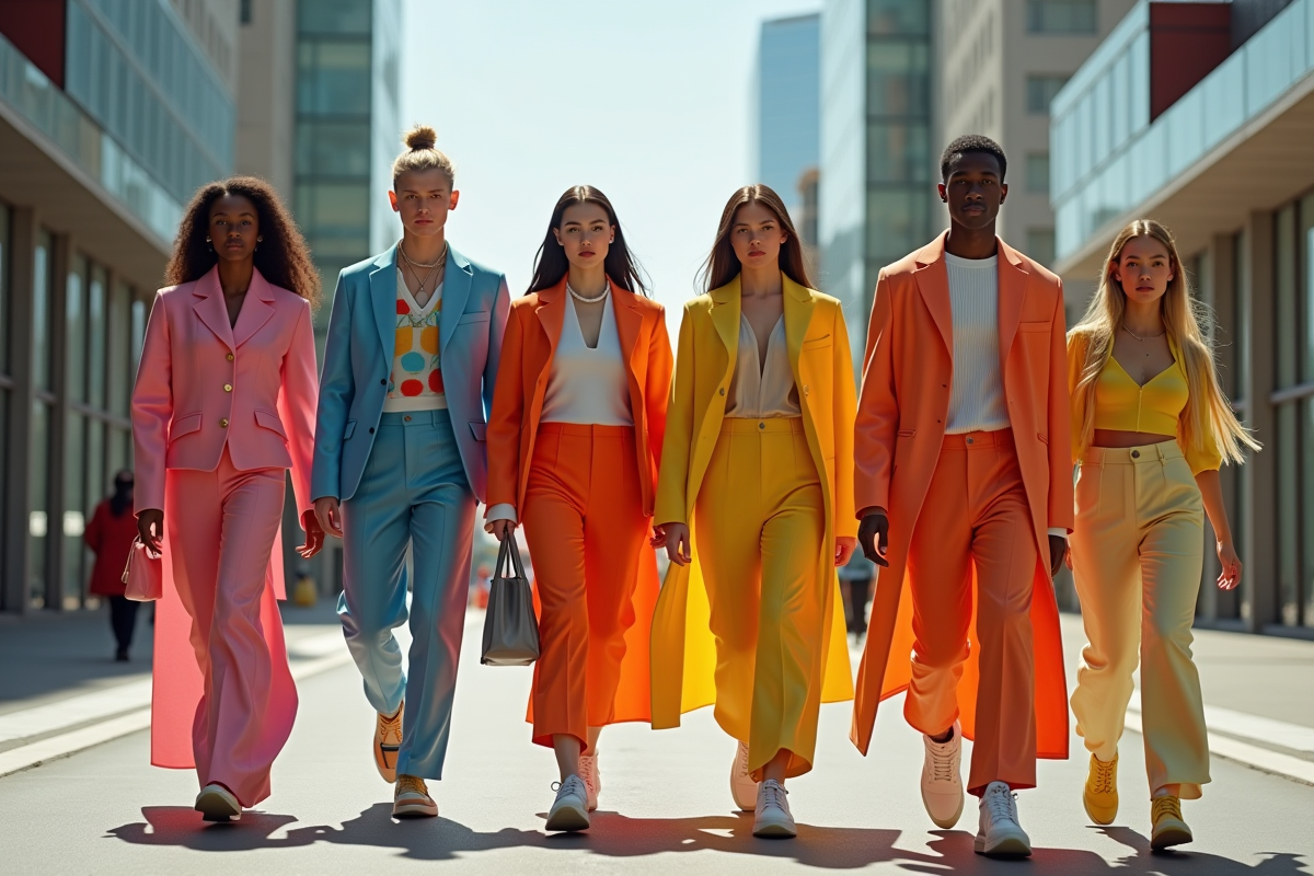 Groupe de jeunes adultes en mode futuriste dans la ville en 2025