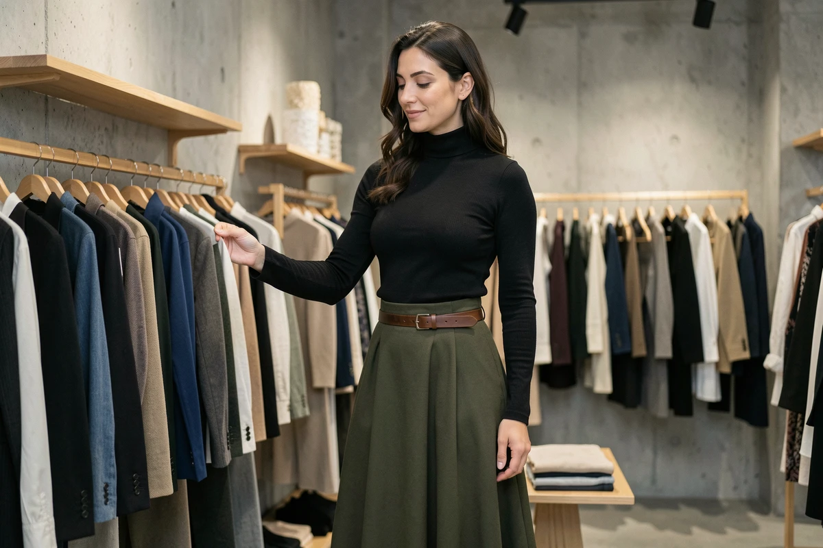 Femme en jupe midi évasée vert olive et top col roulé ajusté dans une boutique contemporaine, silhouette élancée et élégante