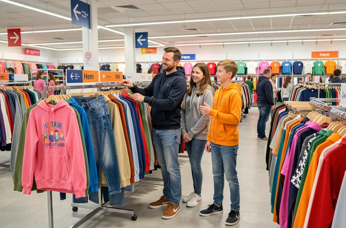 Famille faisant du shopping dans le rayon mode de Kiabi à Hem avec rayons colorés de vêtements pour tous