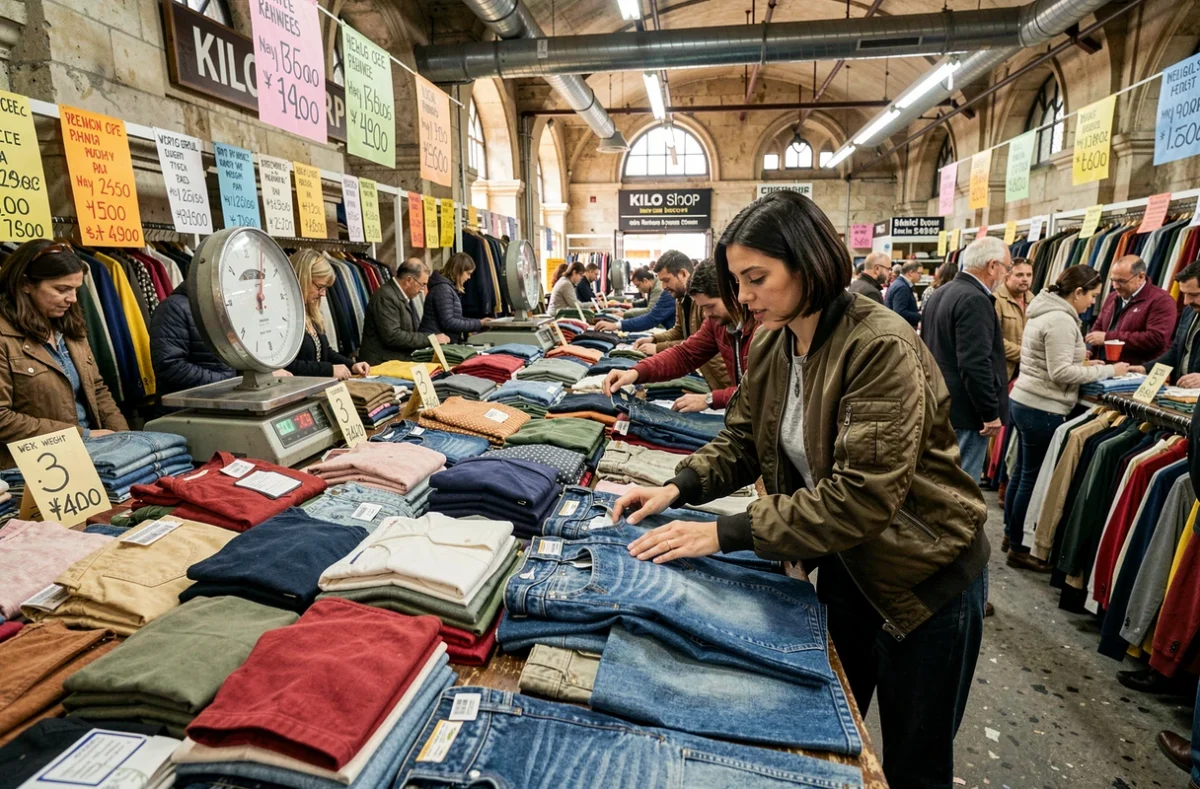 Kilo Shop Lyon Bourse, une cliente fouillant des piles de vêtements vintage sur de longues tables dans un marché de friperie au poids