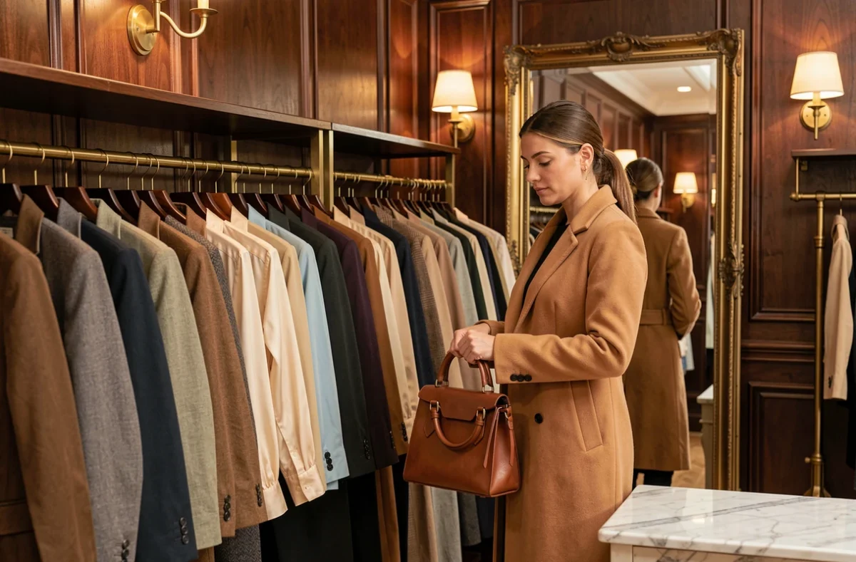 La Bonne Tenue, friperie chic avec des vêtements vintage soigneusement organisés et une cliente examinant un sac à main devant un miroir ancien
