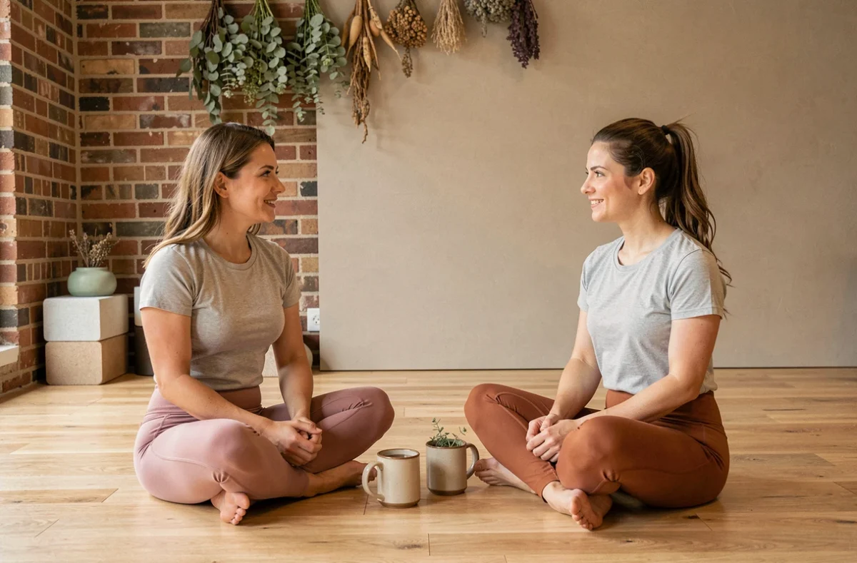 Deux femmes portant des leggings Leonie and co de couleurs différentes assises sur le sol d'un studio de yoga convivial