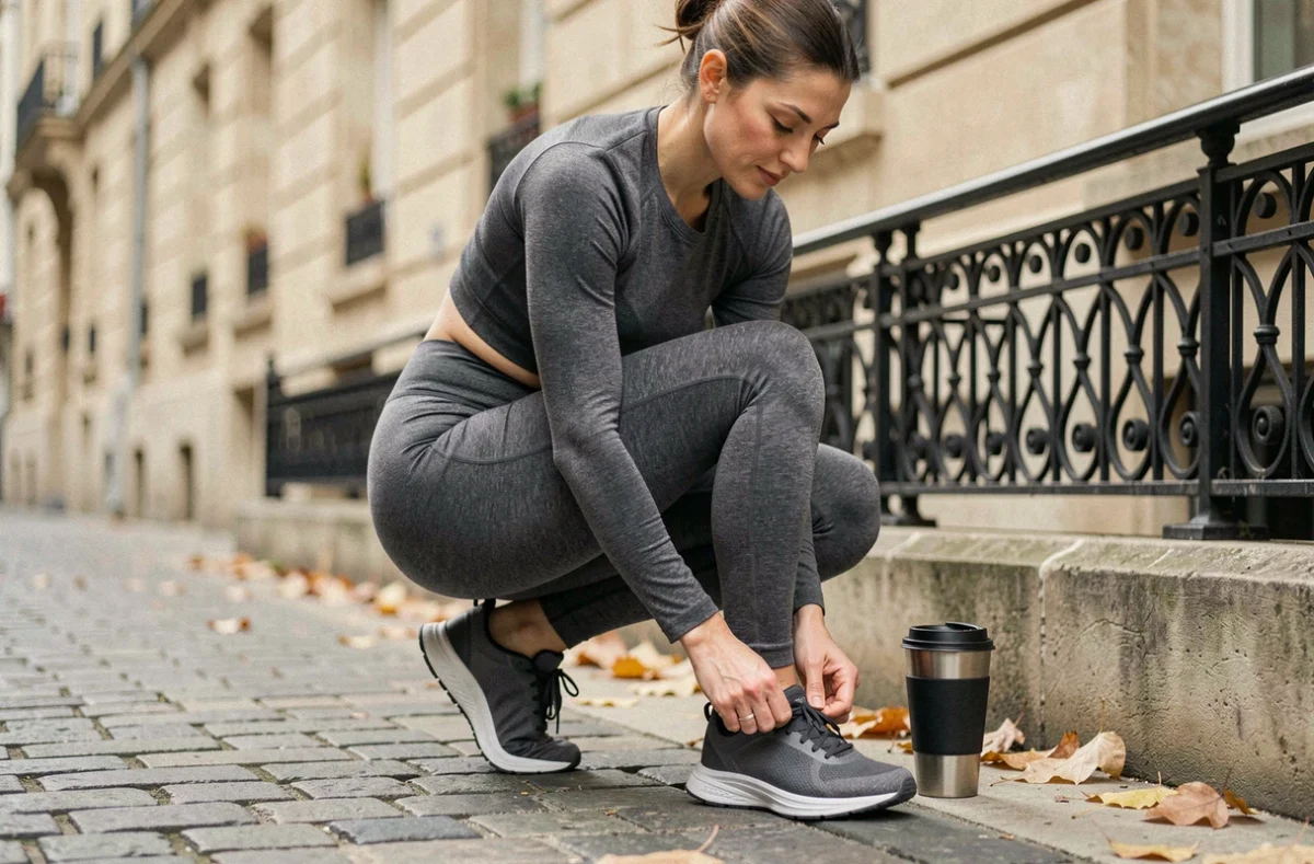 Femme en legging gris anthracite Leonie and co nouant ses lacets sur un trottoir parisien en automne