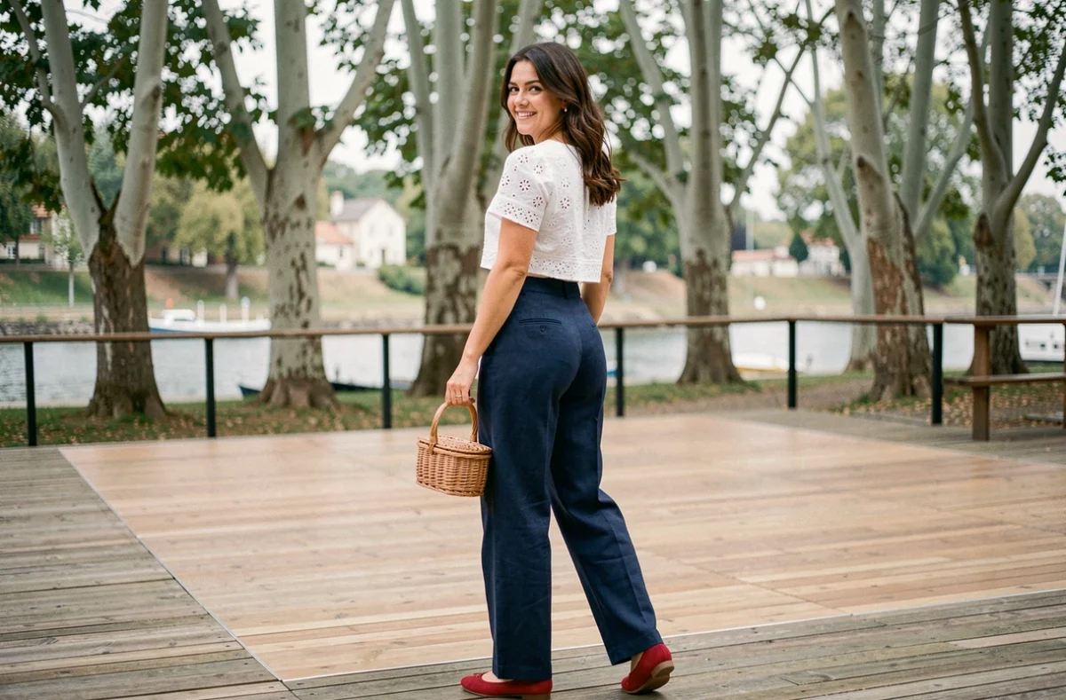 Look guinguette chic avec pantalon lin marine, blouse broderie anglaise blanche et ballerines rouges pour soirée à thème
