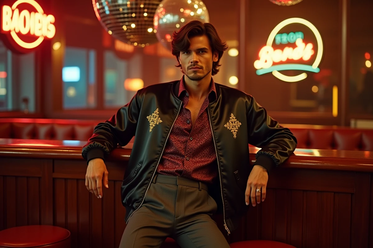 Homme en tenue de soirée années 80 avec bomber satiné et pantalon plissé dans un bar rétro au décor vintage
