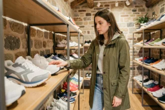 Jeune femme choisissant des baskets dans un magasin de sneakers en Bretagne avec des murs en pierre apparente