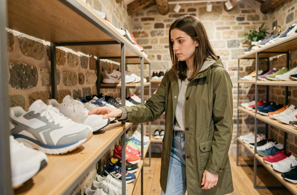 Jeune femme choisissant des baskets dans un magasin de sneakers en Bretagne avec des murs en pierre apparente