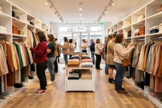 Magasin de vêtements grande taille en Haute-Garonne avec des clients de morphologies variées faisant du shopping