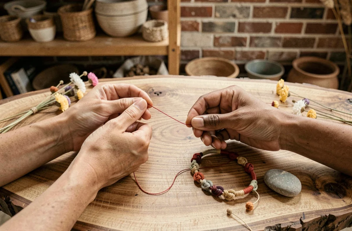 Deux mains adultes préparant un bracelet fil rouge à 7 nœuds sur une table en bois entourée d'objets symboliques