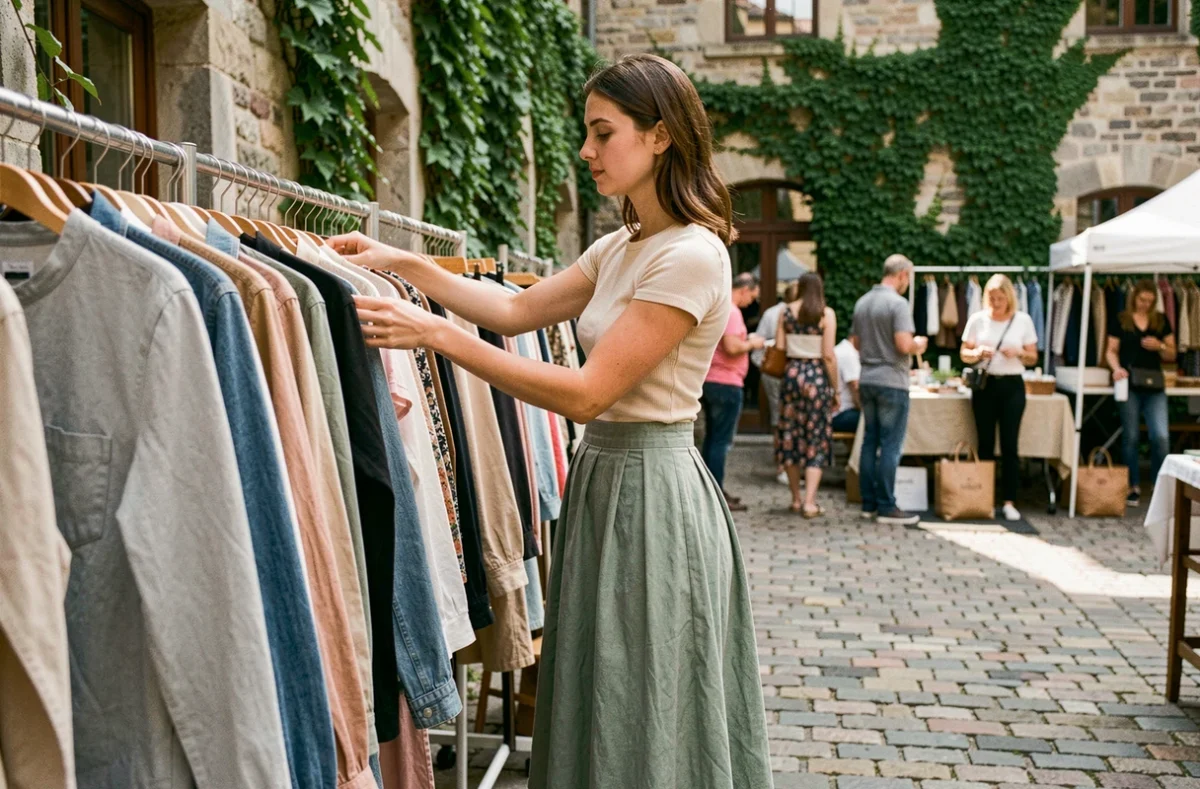 Jeune femme en jupe midi en tissu deadstock explorant un marché de mode durable dans une cour urbaine pavée