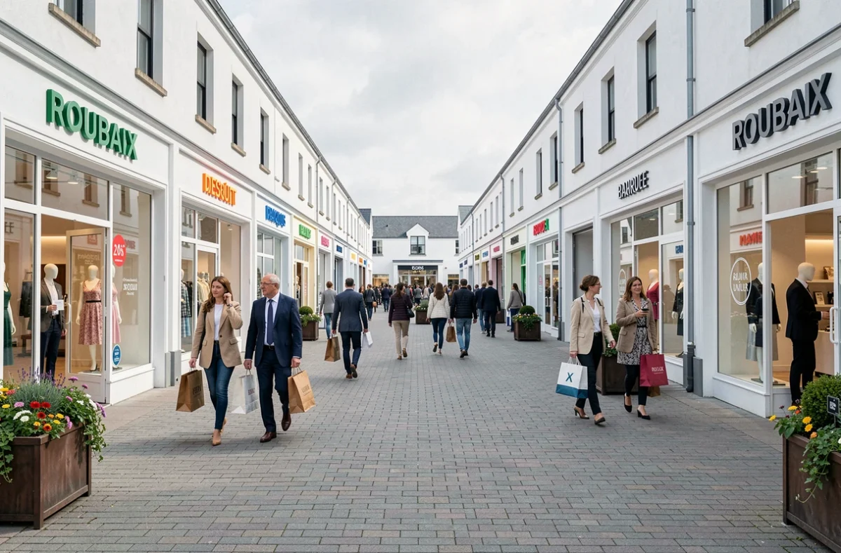 Allée piétonne du village de marques McArthurGlen à Roubaix avec boutiques de créateurs et clients élégants
