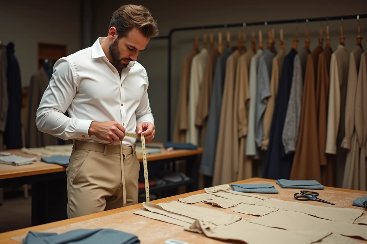 Prise de mesure de la taille 30 pour un pantalon sur mesure dans un atelier de couture