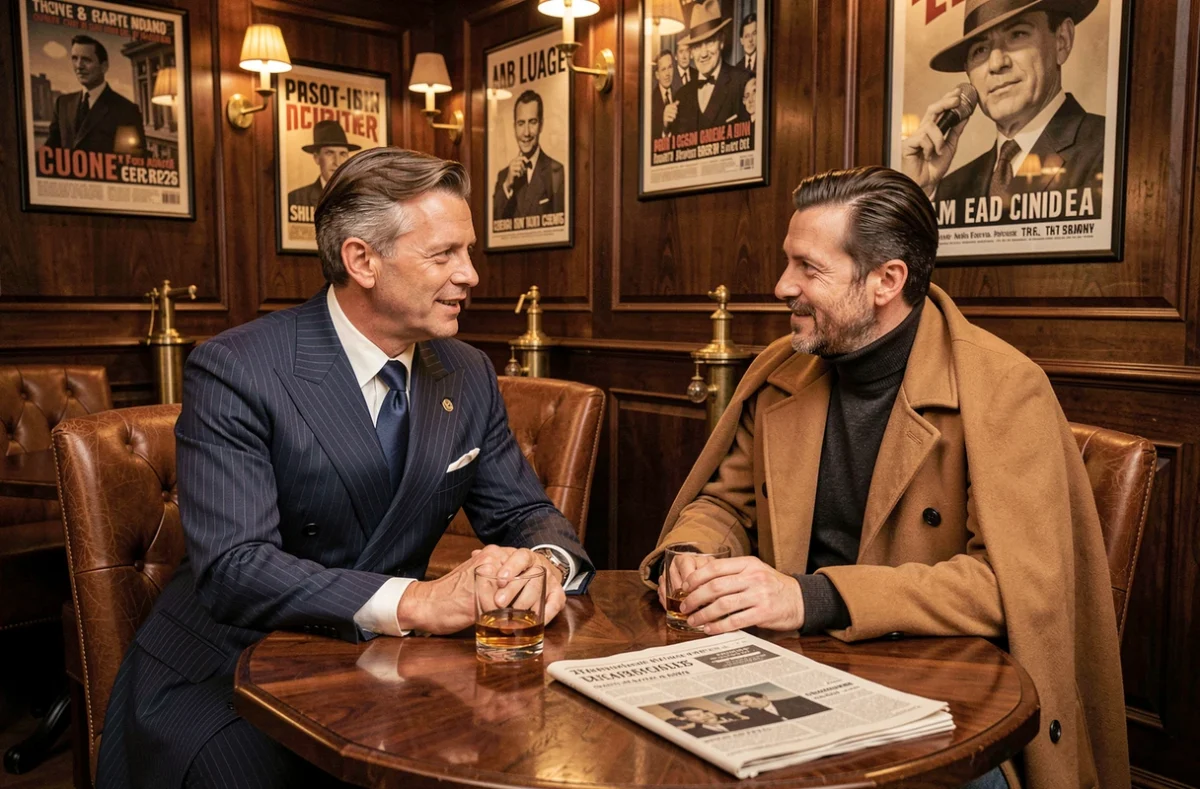 Deux hommes en tenues années 30 élégantes attablés dans un bar jazz vintage avec décoration art déco