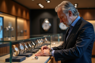 Homme élégant examinant des montres suisses dans une boutique raffinée