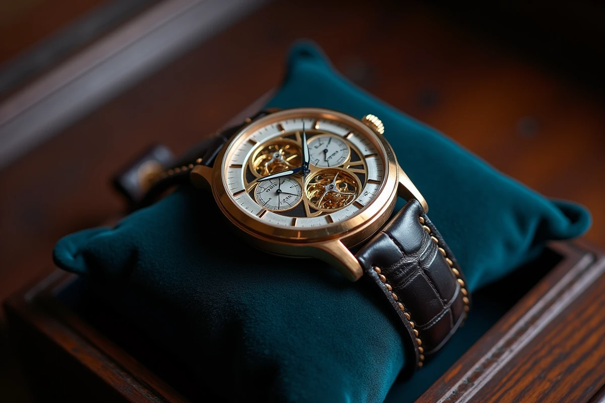 Montre mécanique suisse de collection exposée sur coussin de velours lors d'une enchère de haute horlogerie