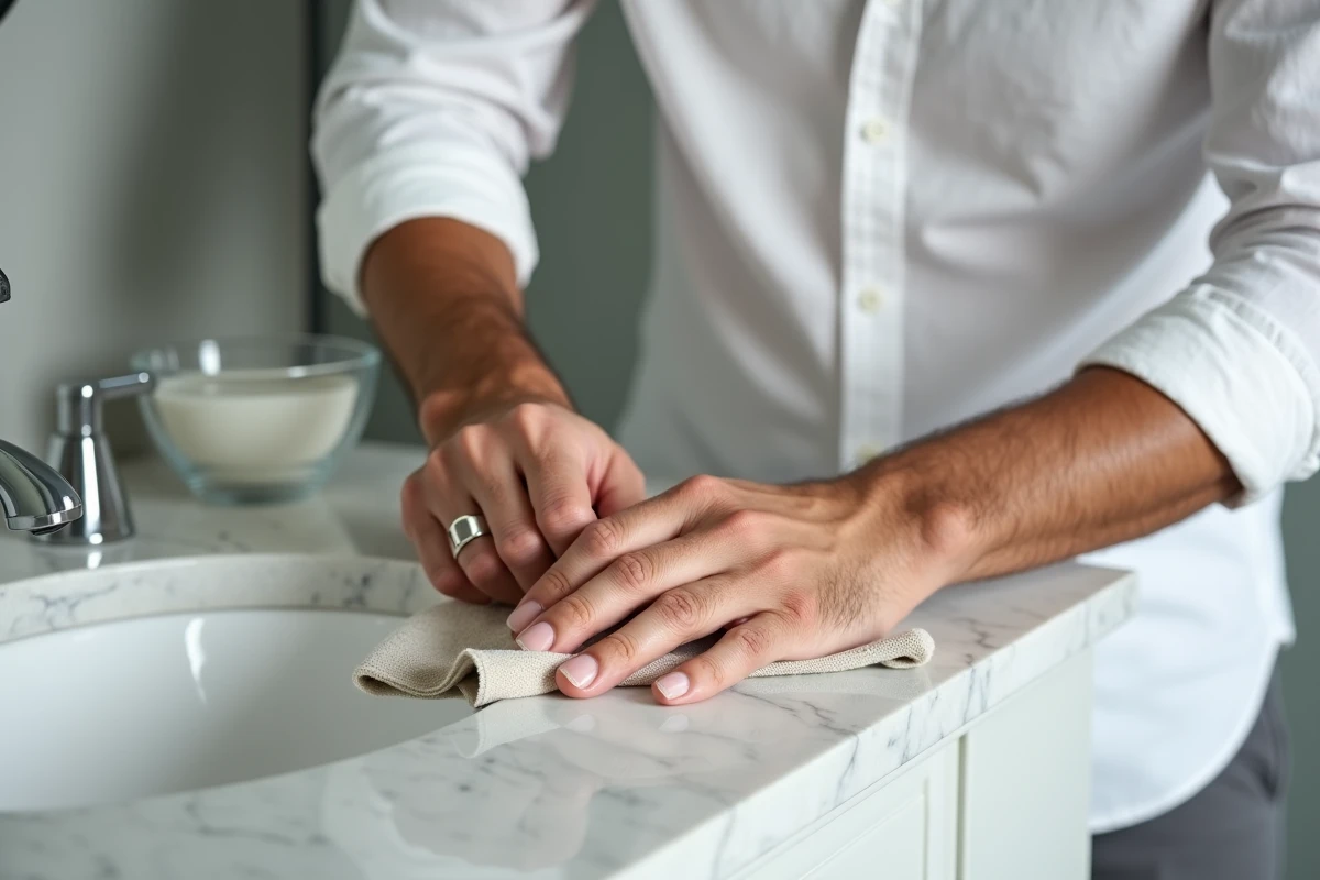 Homme entretenant sa chevalière en argent avec un chiffon microfibre sur un plan de travail en marbre blanc