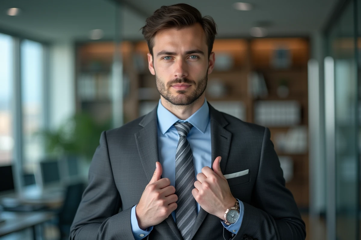 Jeune homme en costume ajustant un noeud de cravate double avec une cravate rayée grise dans un bureau moderne