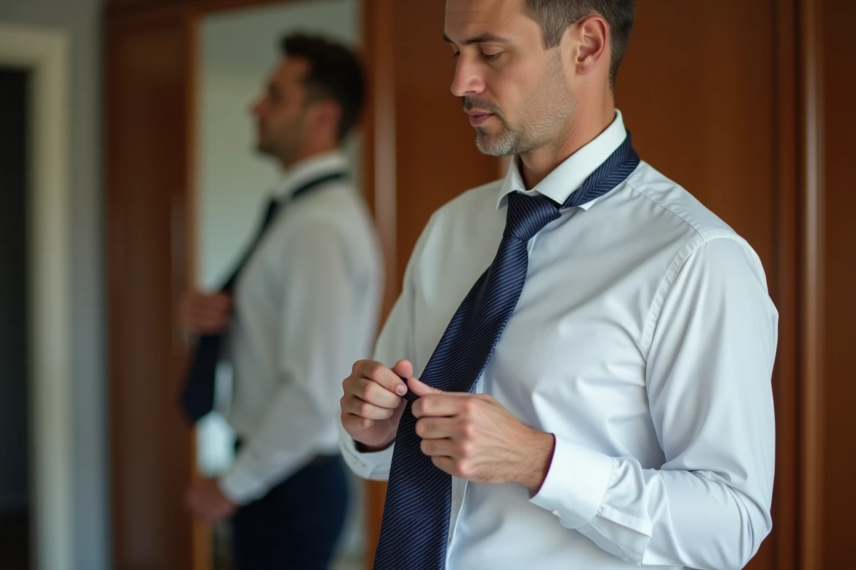 Homme faisant un noeud de cravate double Windsor avec une cravate rayée bleue devant un miroir
