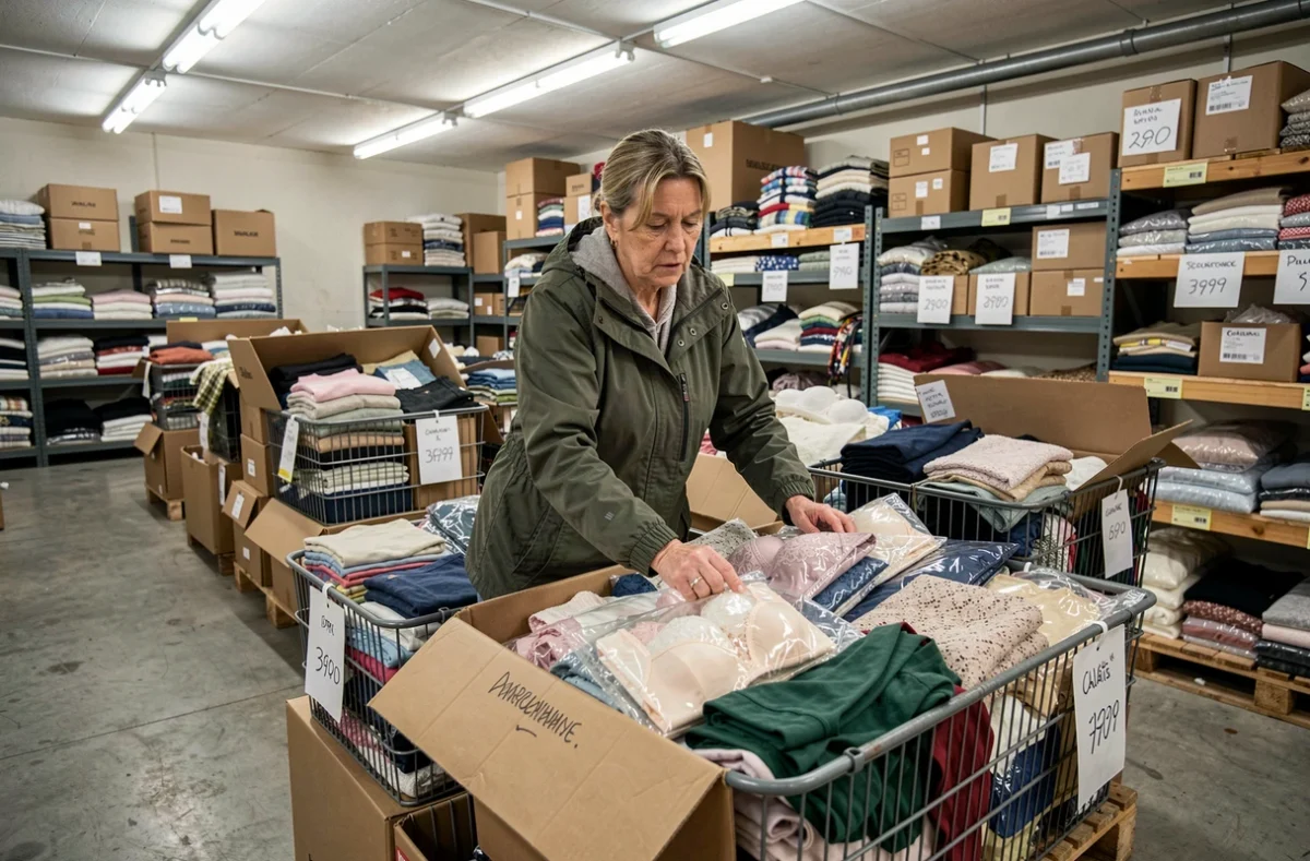 Cliente fouillant les bacs de déstockage textile et lingerie dans le magasin Noz à Calais
