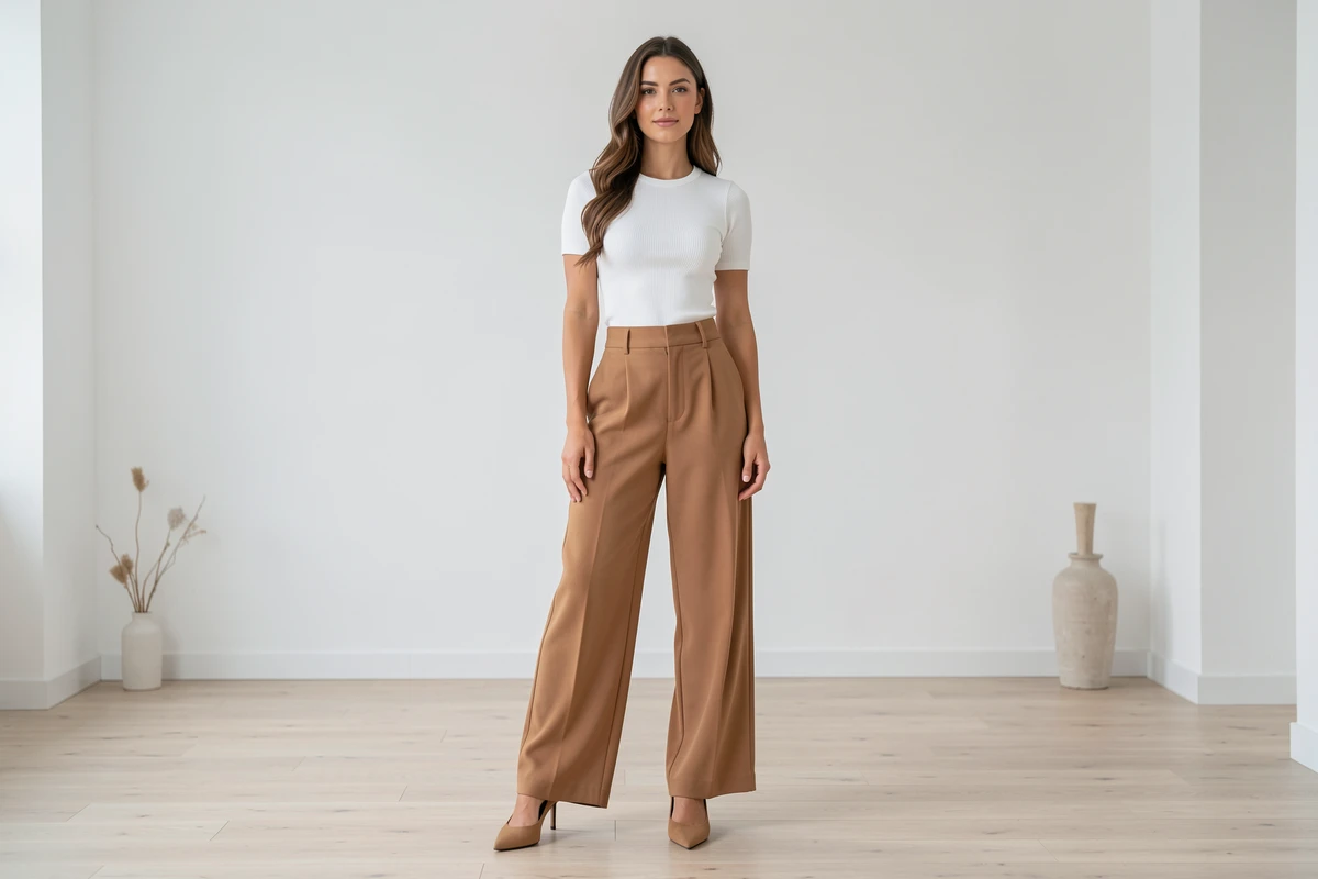Femme en pantalon taille haute large camel et top blanc rentré dans un appartement minimaliste, tenue affinant la silhouette