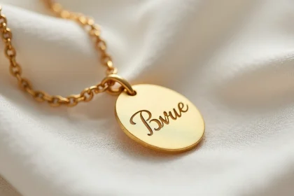 Pendentif en or gravé au prénom d'un enfant posé sur un tissu lin blanc avec une chaîne dorée fine