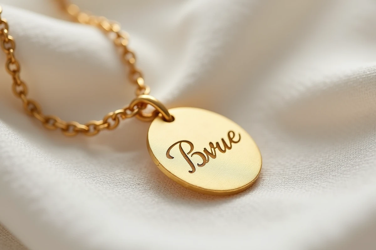 Pendentif en or gravé au prénom d'un enfant posé sur un tissu lin blanc avec une chaîne dorée fine