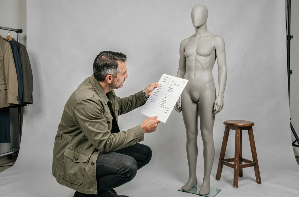 Photographe de mode consultant une fiche de mensurations face à un mannequin taille réel dans un studio avec fond gris