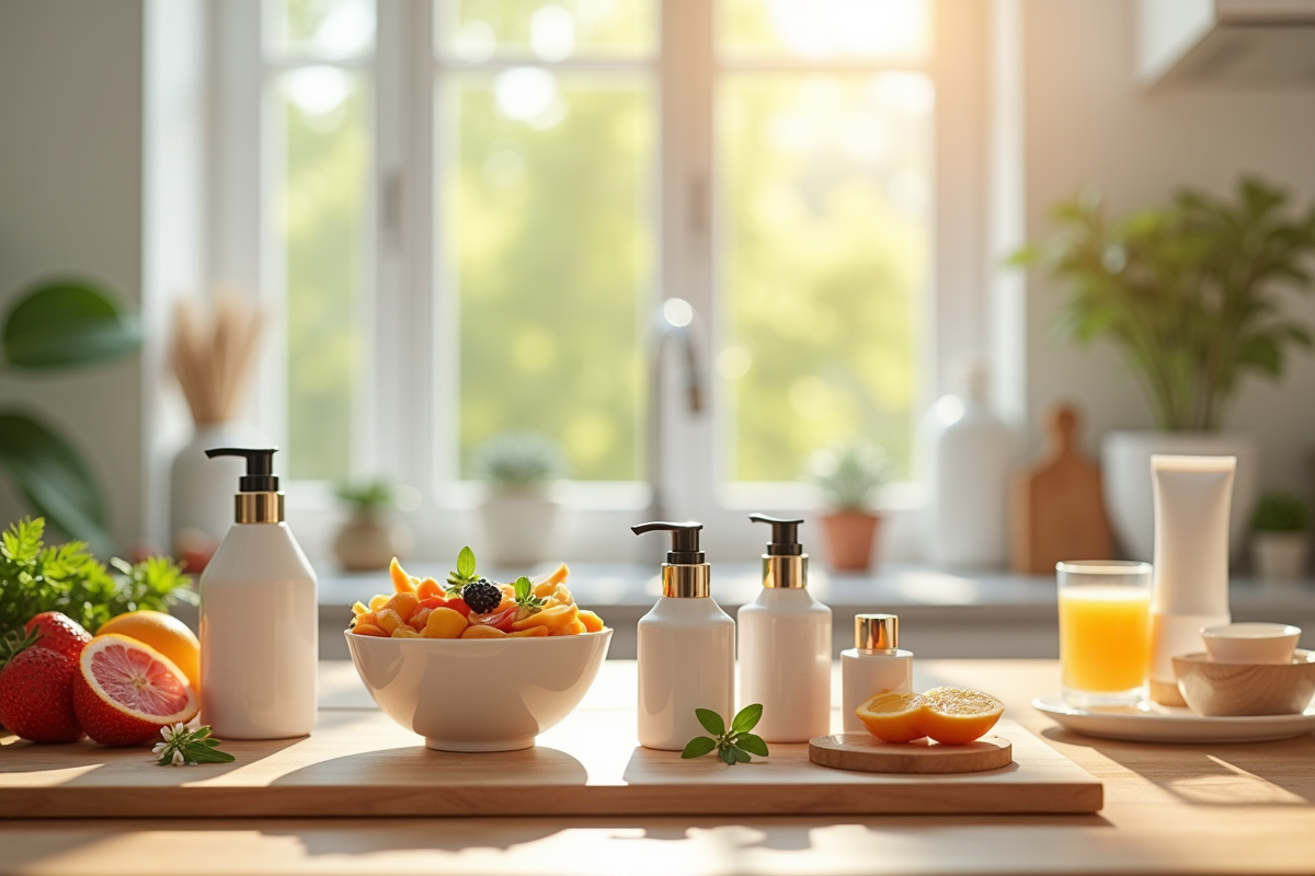 Produits français populaires sur une table de cuisine lumineuse