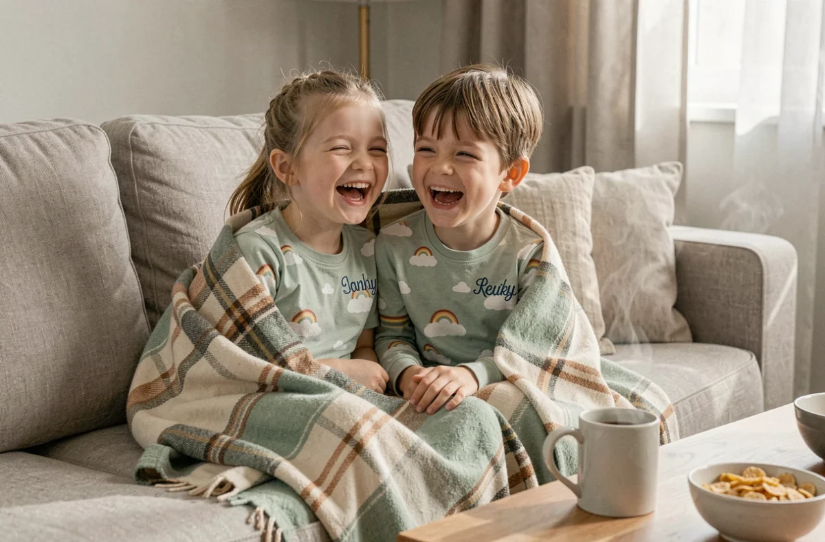 Deux enfants en pyjamas assortis personnalisés vert sauge à motifs nuages, enveloppés dans un plaid sur un canapé familial le matin
