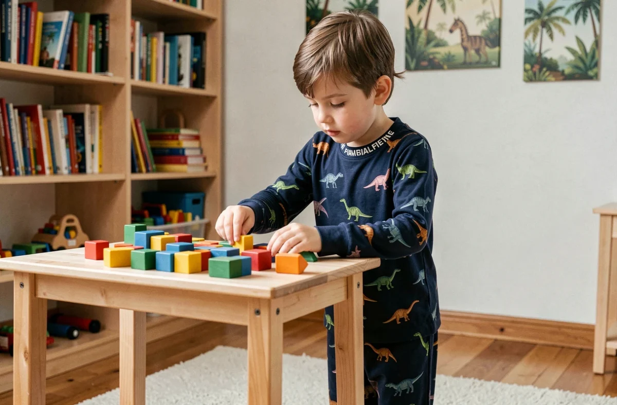 Garçon en pyjama bleu marine à motifs dinosaures personnalisé avec son prénom, jouant avec des cubes dans une salle de jeux