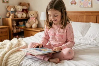 Petite fille portant un pyjama rose personnalisé avec son prénom brodé, assise sur un lit douillet dans une chambre d'enfant en bois