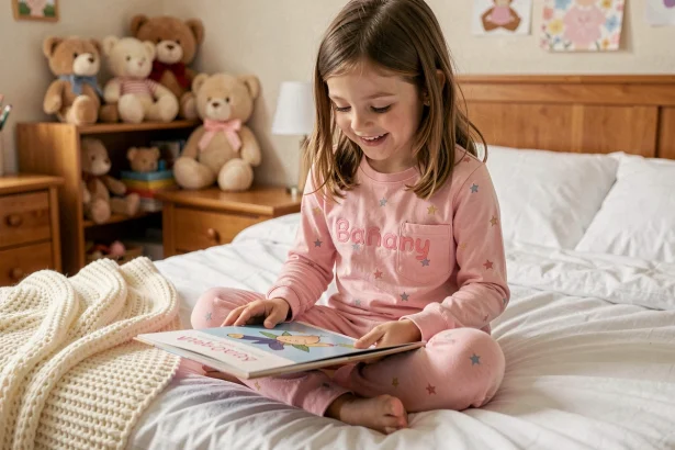 Petite fille portant un pyjama rose personnalisé avec son prénom brodé, assise sur un lit douillet dans une chambre d'enfant en bois