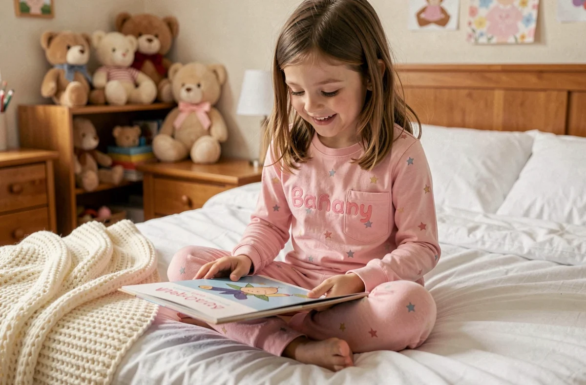 Petite fille portant un pyjama rose personnalisé avec son prénom brodé, assise sur un lit douillet dans une chambre d'enfant en bois