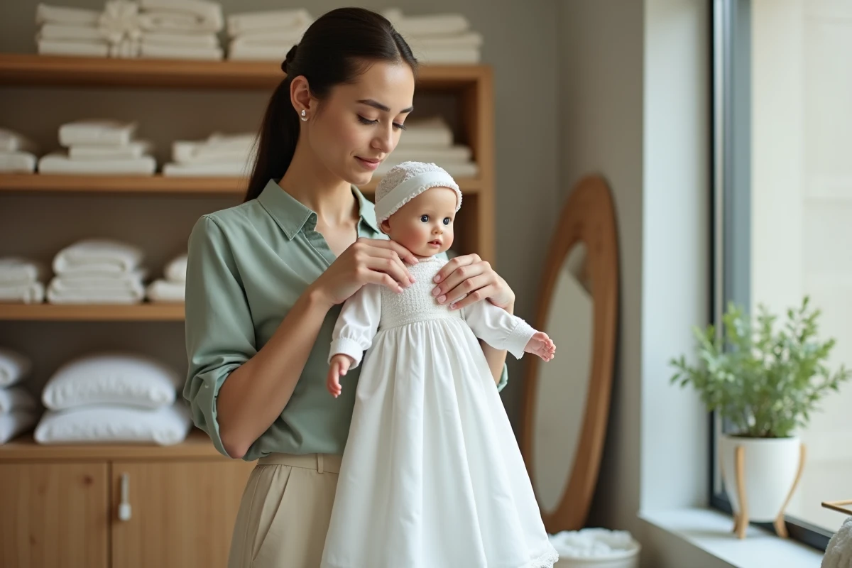 Vendeuse en boutique habillant un poupon avec une robe de baptême longue en satin blanc avec nœud en ruban