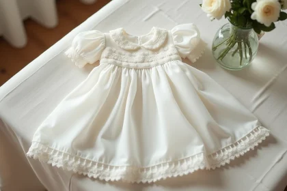 Robe de baptême bébé blanche brodée avec détails en dentelle et boutons nacre, posée à plat sur un tissu en lin ivoire