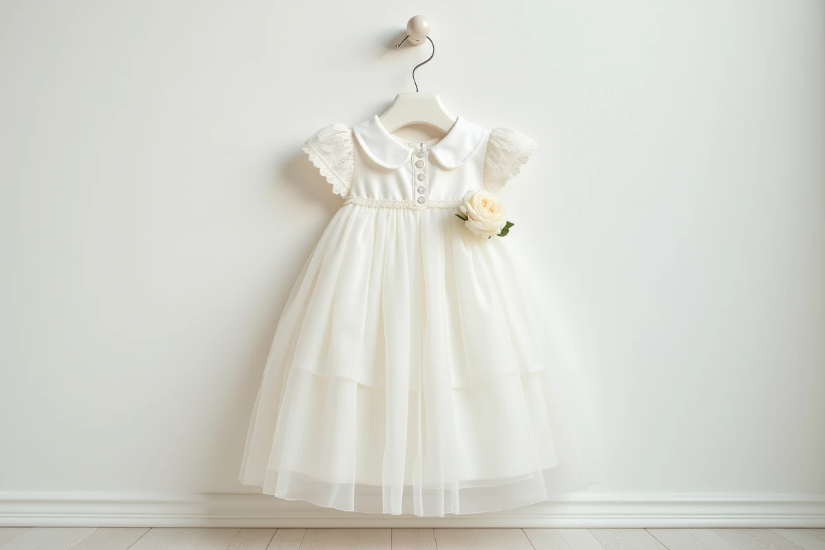 Robe de baptême bébé suspendue sur un cintre satiné avec jupe en tulle, col en dentelle et plissé fin sur le corsage