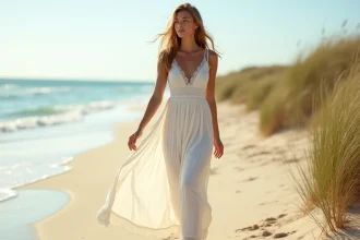 Femme portant une robe bustier longue blanche bohème sur une plage de sable avec herbes marines en arrière-plan