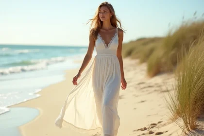 Femme portant une robe bustier longue blanche bohème sur une plage de sable avec herbes marines en arrière-plan