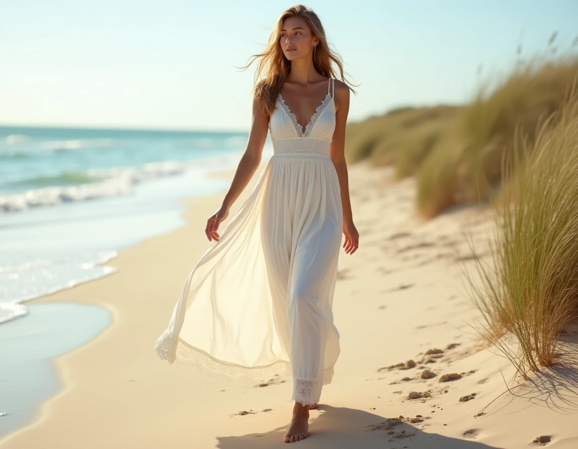 Femme portant une robe bustier longue blanche bohème sur une plage de sable avec herbes marines en arrière-plan
