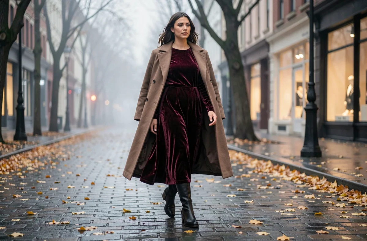 Femme en robe longue bordeaux et bottes en cuir noir marchant sur un trottoir automnal avec des feuilles dorées