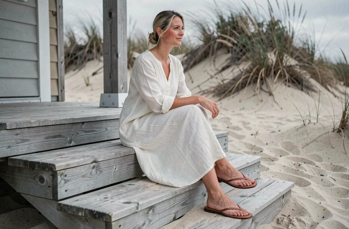 Femme assise en robe longue lin blanc avec sandales plates en cuir sur des marches en bois près d'une plage au printemps