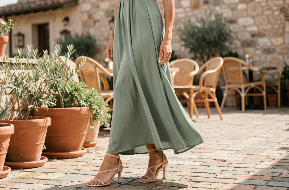 Femme en robe longue verte portant des sandales à talons beige sur une terrasse méditerranéenne en été