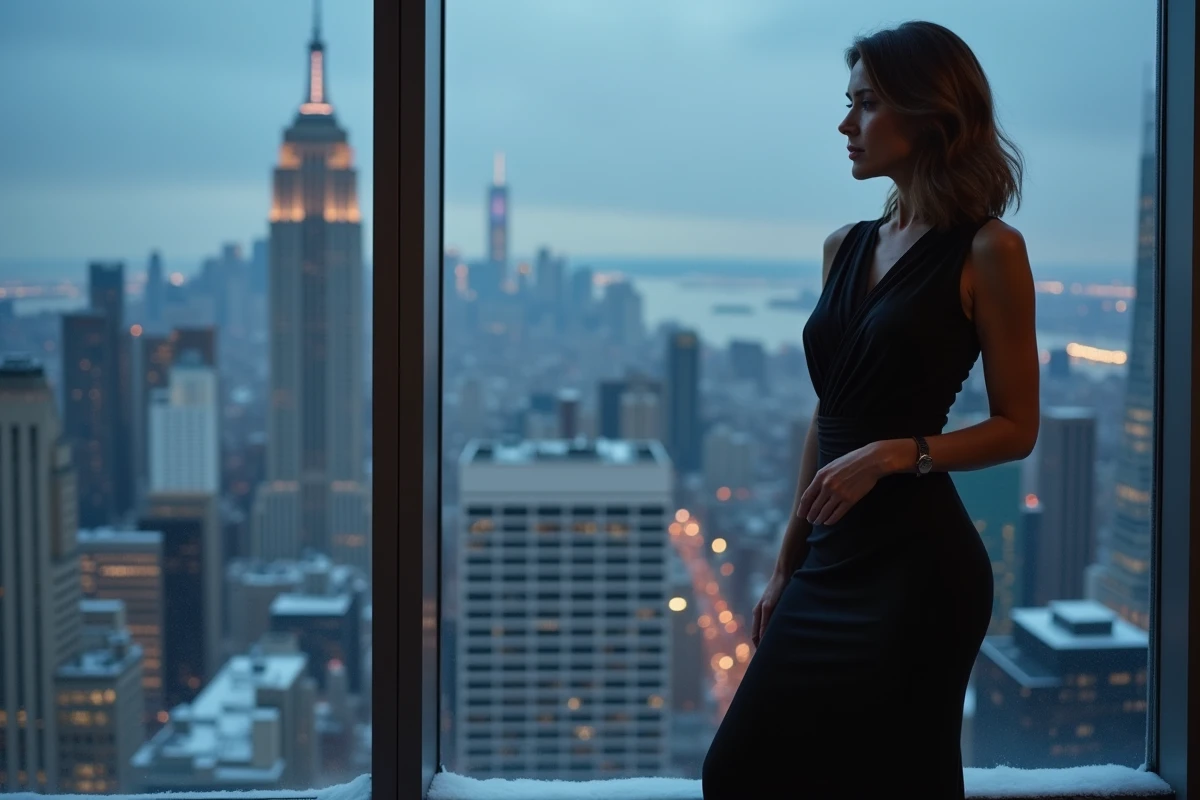 Femme en robe noire avec fronces à la taille adaptée à une morphologie rectangle pour le Nouvel An avec vue sur la ville
