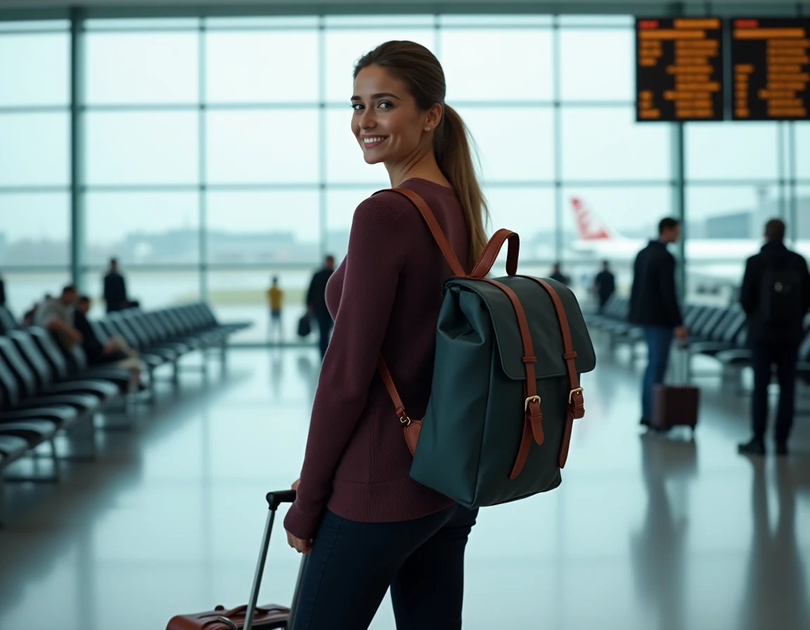 Femme portant un sac convertible en mode sac à dos dans un terminal d'aéroport moderne avec valise à roulettes