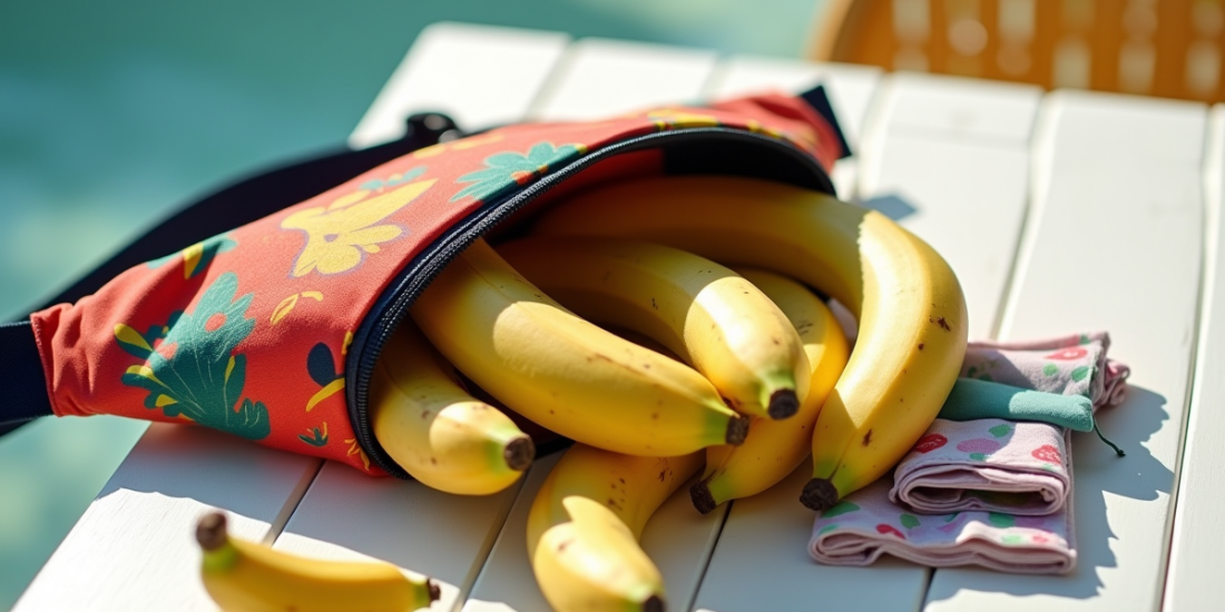 Fanny pack coloré ouvert avec bananes sur une table en bois blanc