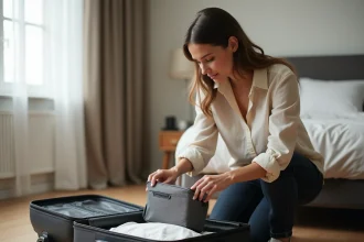 Femme rangeant un sac à chaussures de voyage dans un bagage cabine avant un vol